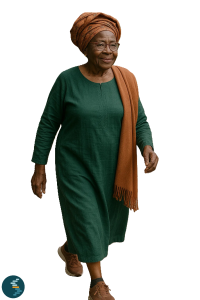 older Nigerian woman, in a green kaftan, brown ipele and brown headtie, with walking shoes happily taking a walk.
